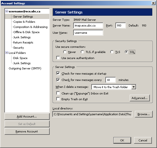 thunderbird outgoing server settings